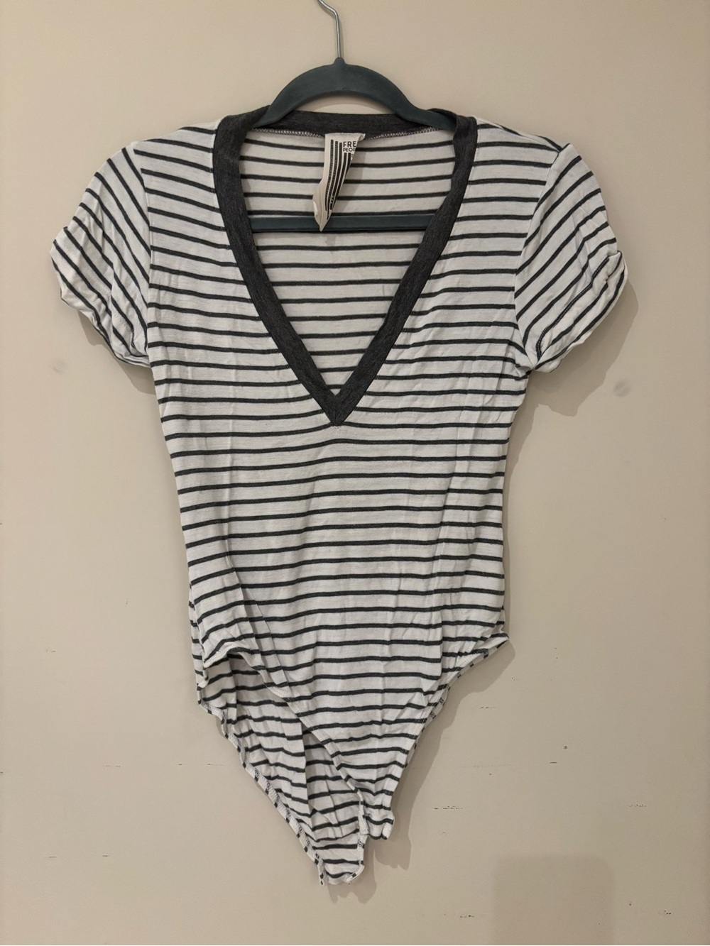 Free People Black and White Striped V-Neck Bodysuit